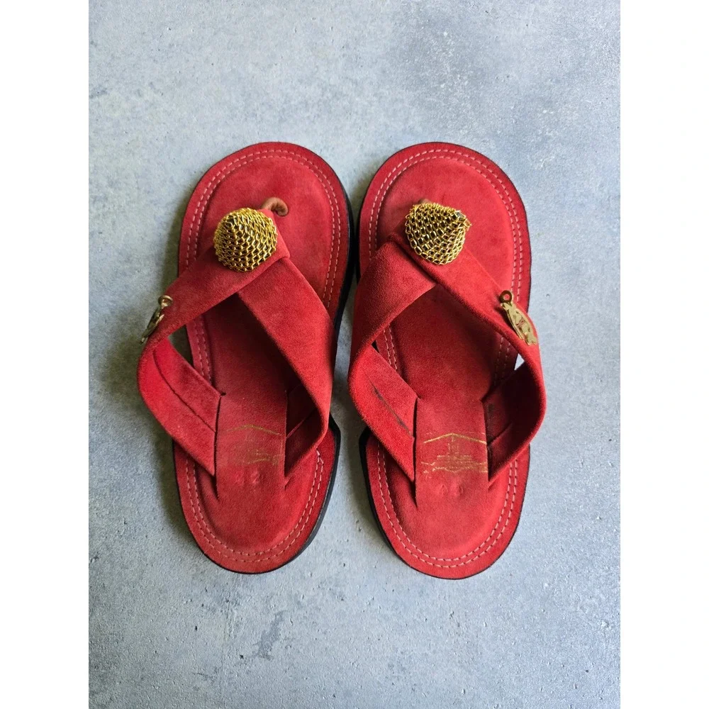 Ahenema Slippers African Royal Thong Sandals Mens Size EU 42 Red Gold Suede